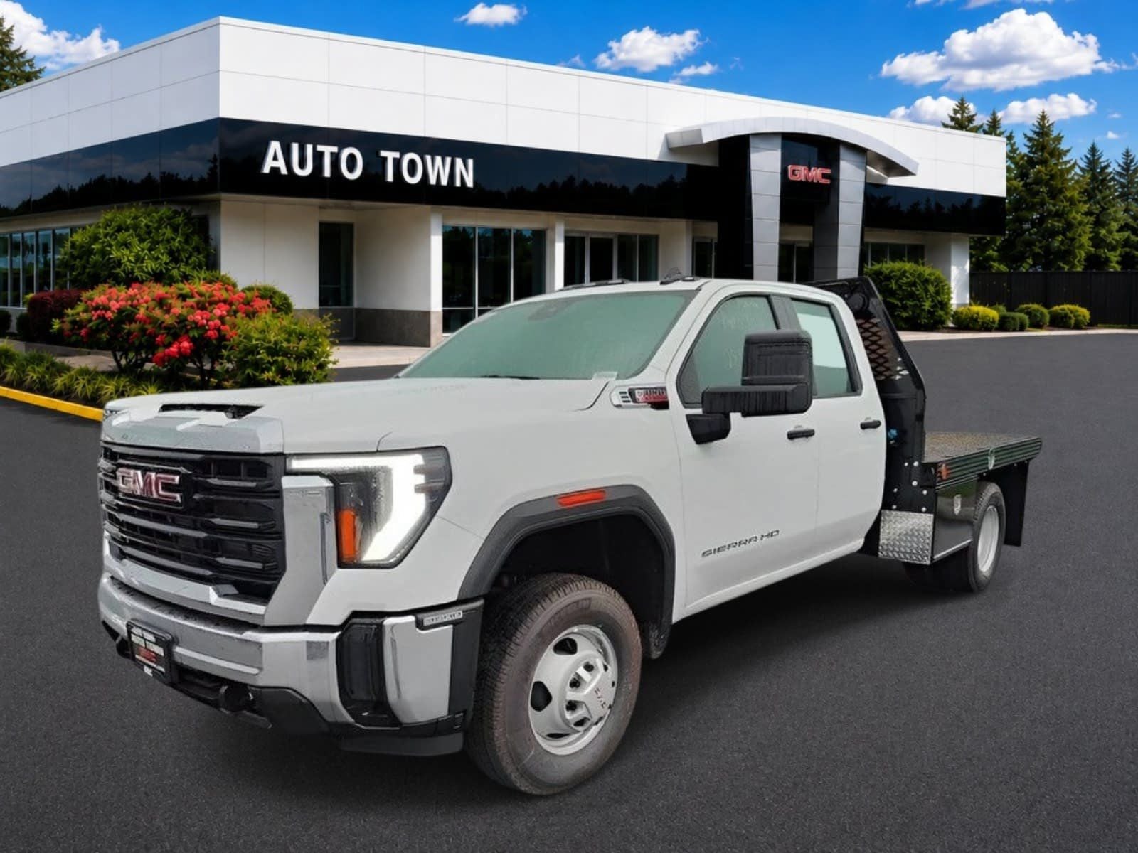 2024 GMC Sierra 3500 HD Double Cab Long Box 4-Wheel Drive Pro in Summit White — front three-quarter view