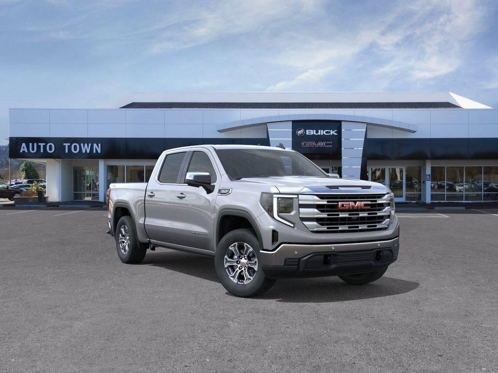 2026 GMC Sierra 1500 Crew Cab Short Box 4-Wheel Drive SLE in Sterling Metallic — front three-quarter view